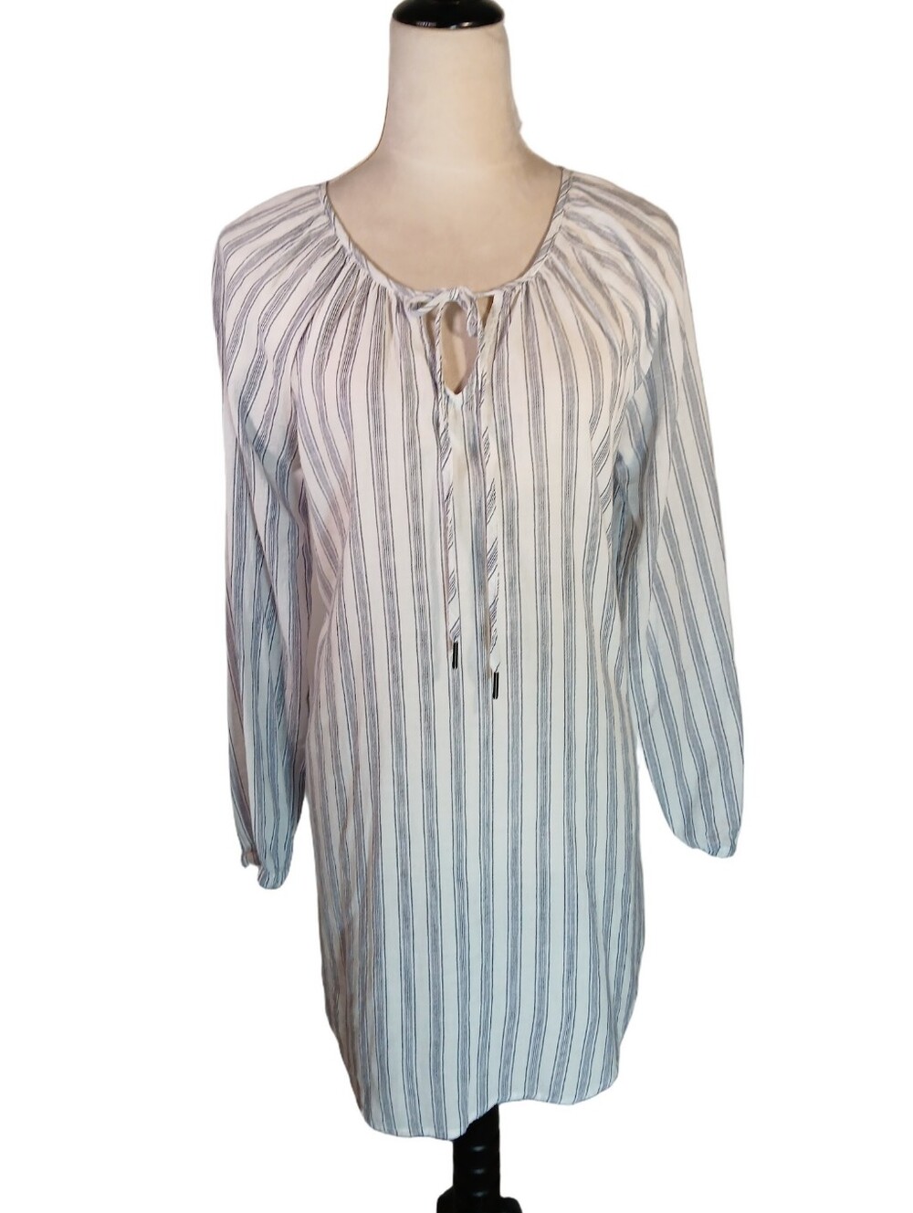 Dreamers Dress Or Cover Up Lightweight Cotton Boho, Striped,Tie Neck Med